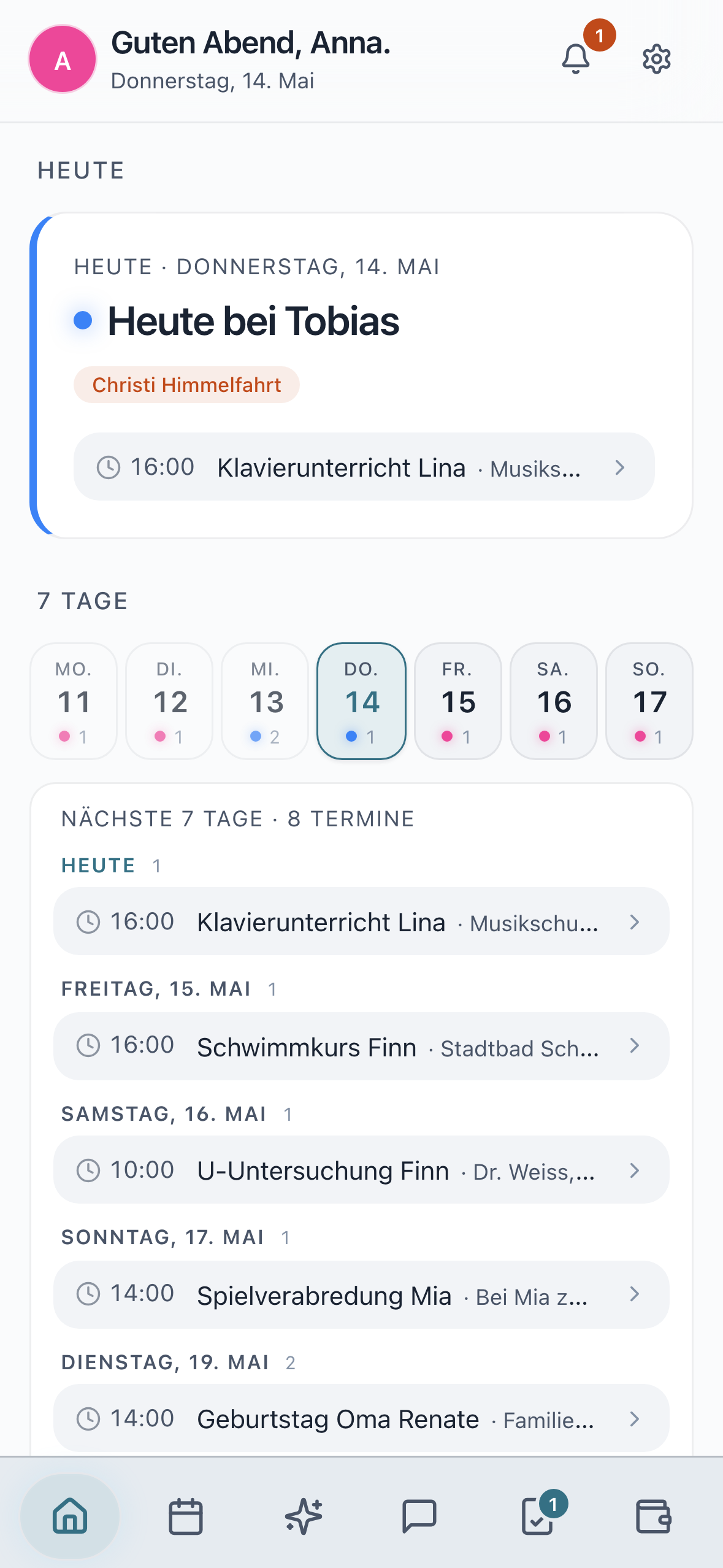 Kids-Organizer Dashboard: Begruessung, naechste Uebergabe und Wochenuebersicht auf einen Blick