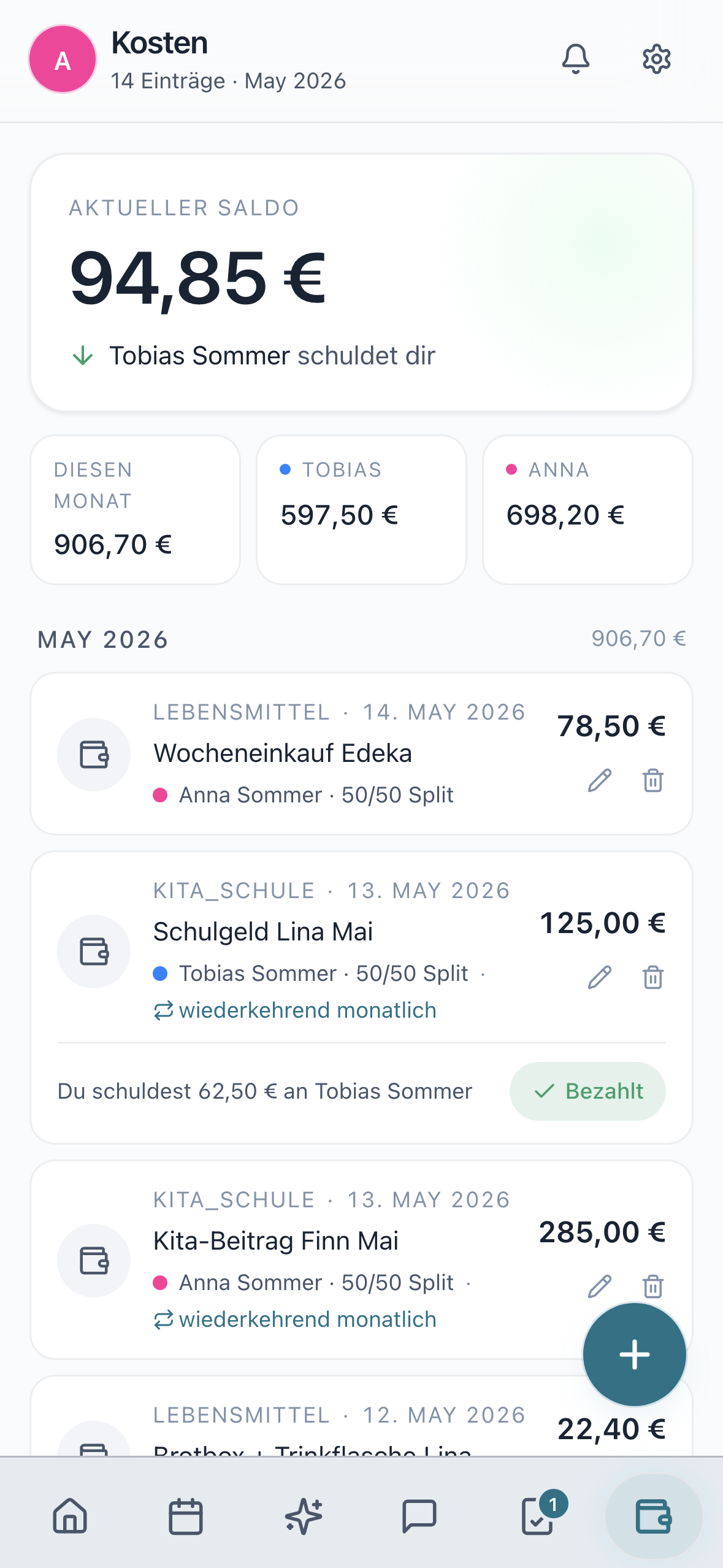 Kostenuebersicht mit Saldo und Liste gemeinsamer Ausgaben pro Aufteilungsschluessel
