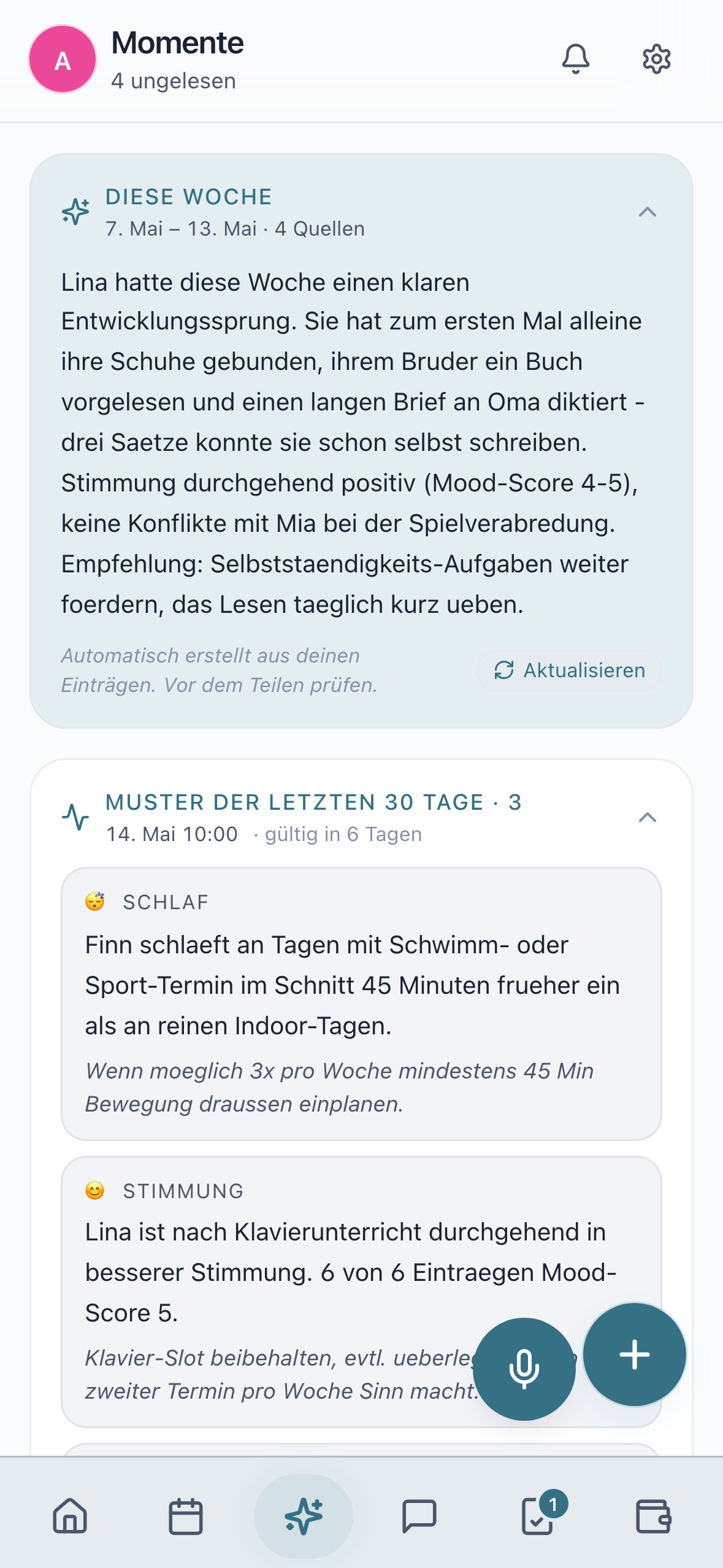 Momente-Feed mit KI-Wochenrecap und Mustererkennung der letzten Eintraege
